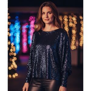 Talbots Allover Midnight Blue Sequin Top NEW Size XL Holiday cocktail party